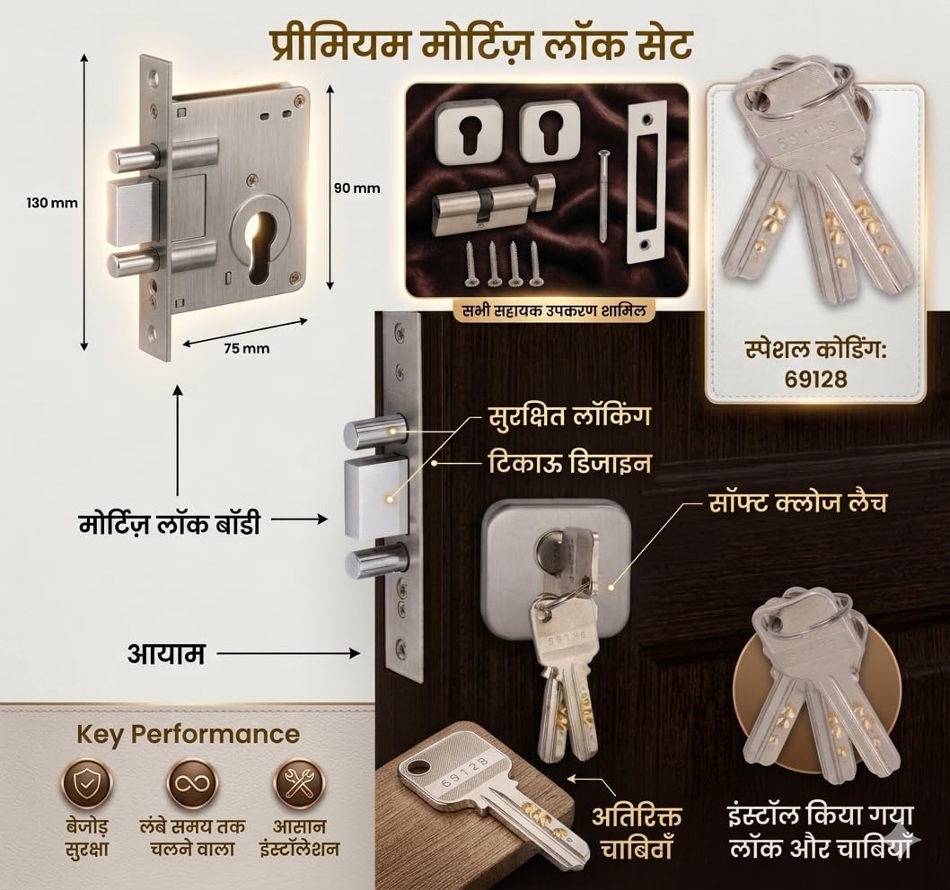 MODRAZE High Security Dead Bolt Lock | Heavy Duty Main Door Lock with 2 Bullets | Door Locks for Main Door 70mm Cylinder with 3 Ultra Brass Keys (2 Years Warranty) (SS) 1