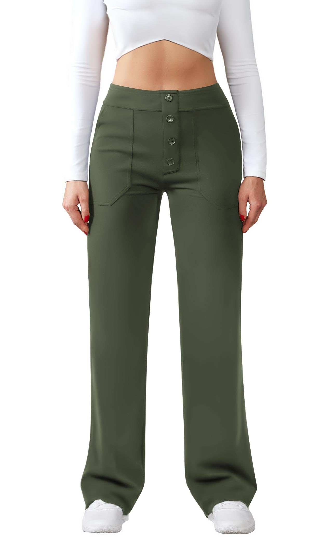 JEKAOYI Womens Casual High Waist Straight Leg Pants Stretchy Button Business Dress Work Pocket Trousers