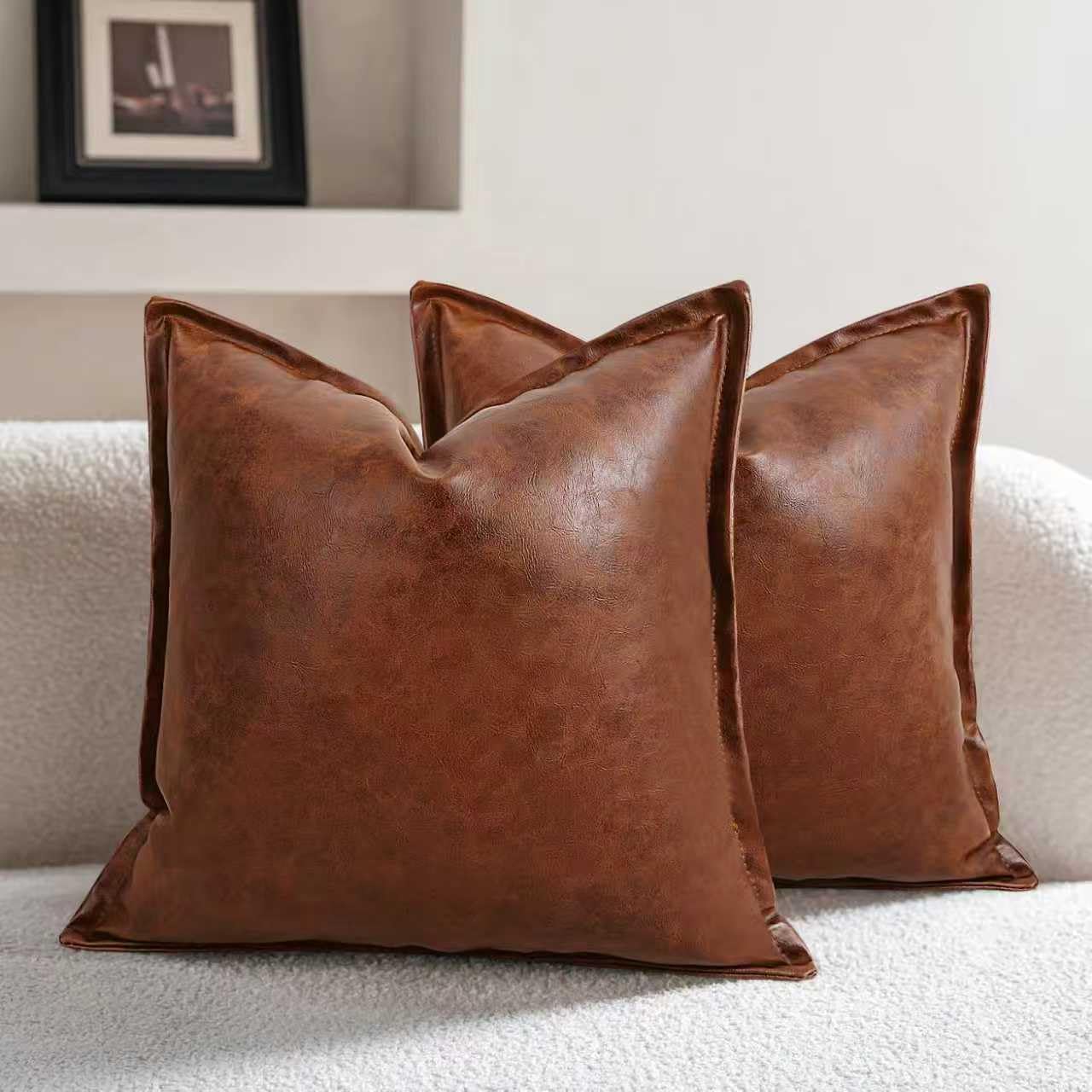 JASEN Faux Leather Decorative Throw Pillow Covers Modern 18x18 inch, Farmhouse Cushion Cases Luxury Pillowcases for Couch Bed Sofa Living Room Set of 2 (Light Brown, 18" x 18")