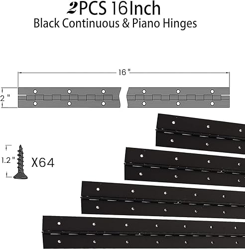 Miniatura 9 de Bisagras negras continuas y de piano de 16 pulgadas, paquete de 4 bisagras a tope de acero inoxidable resistentes con agujero, grosor de 0.05