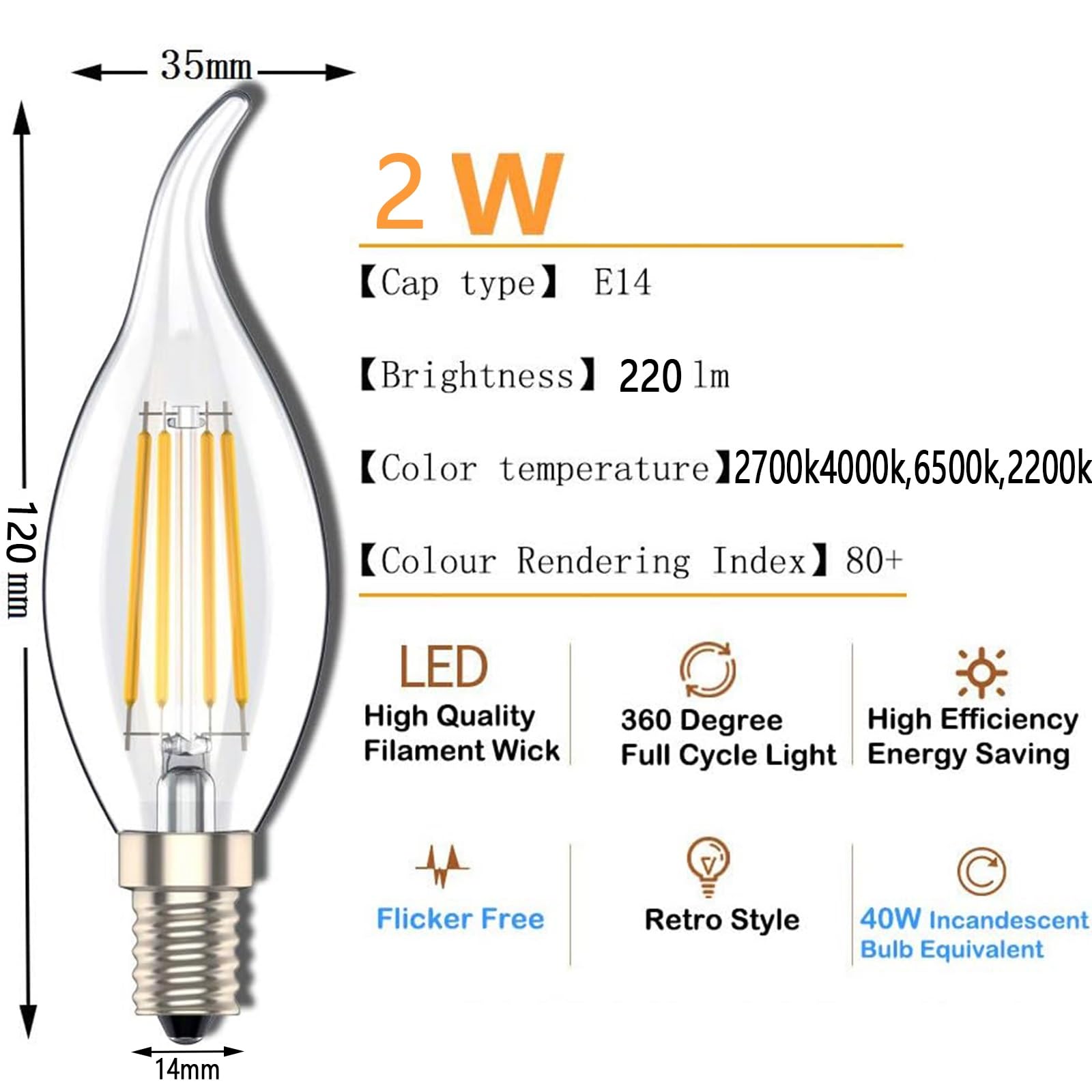 Lampadina LED a Candela E14 Bianco Caldo 2700K Non Dimmerabile 2W Equivalente 20W 220 Lumen Senza Sfarfallio Attacco Piccolo Edison Per Soggiorno Camera Cucina(Warm White 2700K 2W,12Pack)