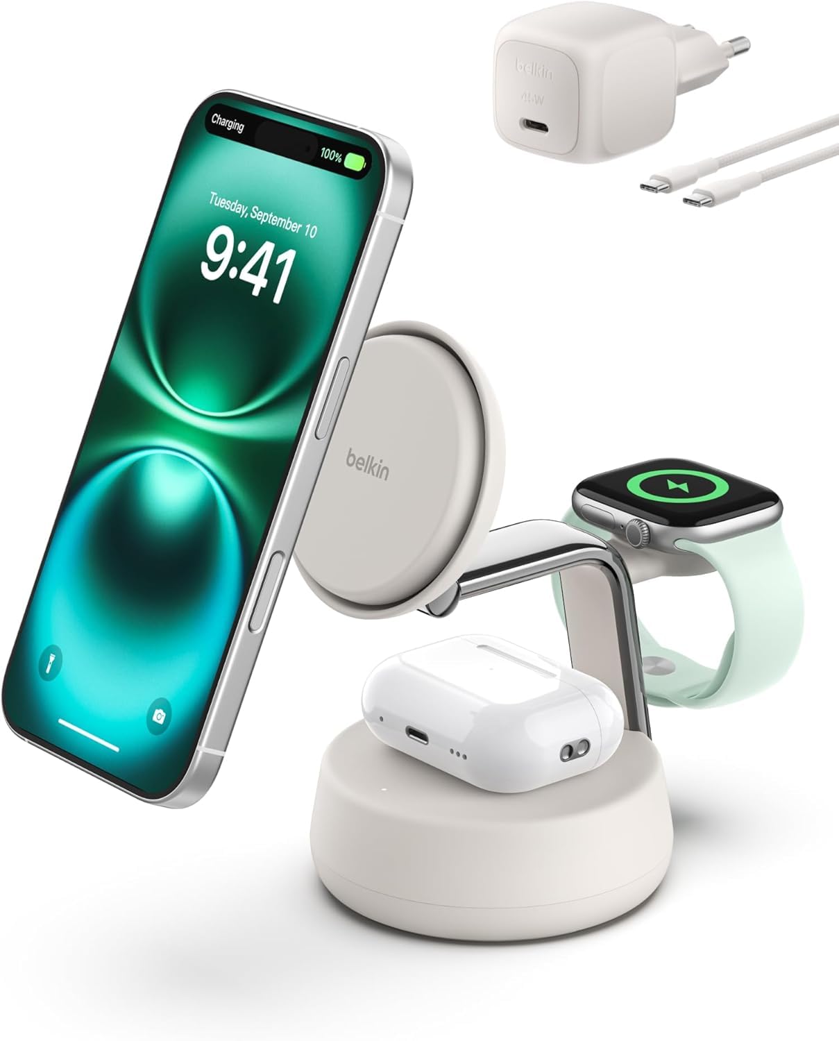 Belkin UltraCharge Pro - Stazione di ricarica wireless da 25 W, 3 in 1 Qi2.2 Certificato MagSafe Caricabatterie compatibile per iPhone 17, Air, Apple Watch, AirPods, Pixelsnap, con ventola di