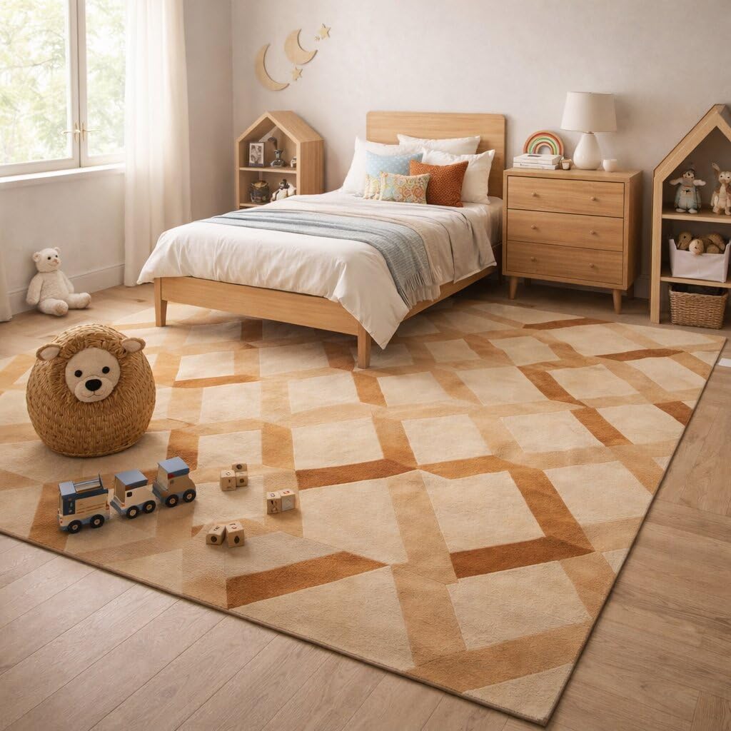 6'x10' Modern Hand Tufted Wool Area Rug Orange & Beige Geometric Pattern Carpet, Contemporary Rectangular Floor Rug for Living, Bedroom