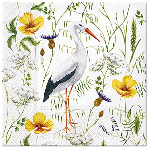 Lot De 20 Serviettes De Table Cigogne - Motif Printanier 33x33cm - Papier 3 Couches - Décoration Table Nature