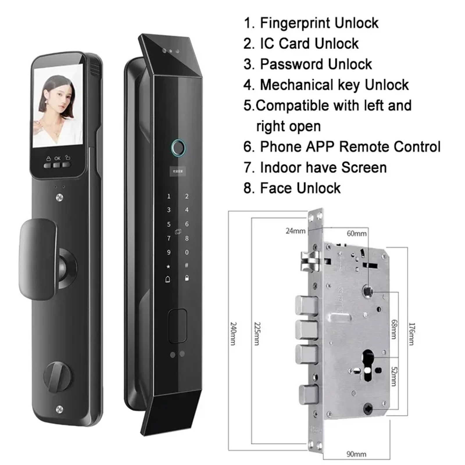 Serrure intelligente à reconnaissance e 3D, ouverture de porte sans contact, serrure automatique avec caméra, sonnette vidéo WiFi, contrôle par application Bureau Commercial(24 240Mortise)
