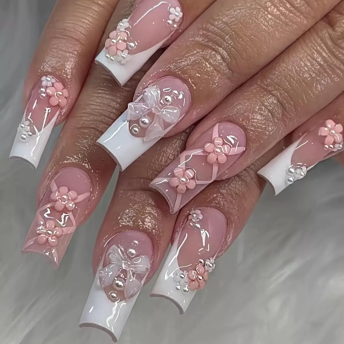 French Tip Press on Nails Square Medium Length Fake Nails 3D Flowers Acrylic Nails Spring Floral False Nails Glossy Ballet Artificial Nails Glue on