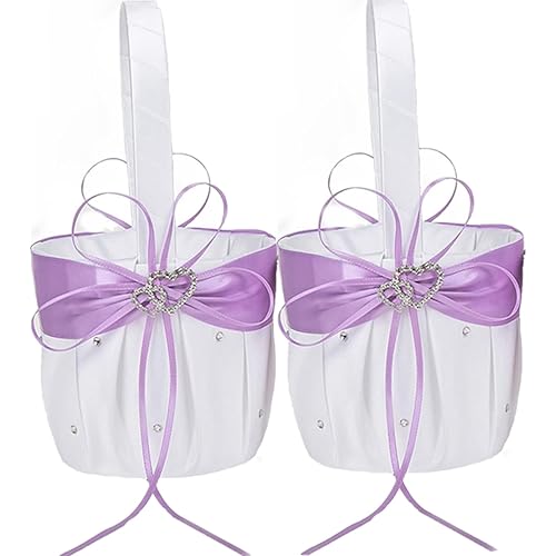 2PCS Wedding Flower Girl Baskets,White Satin Flower Storage Basket with Double Heart Rhinestone Craft for Engagement Ceremony Party Decor (Lavender)