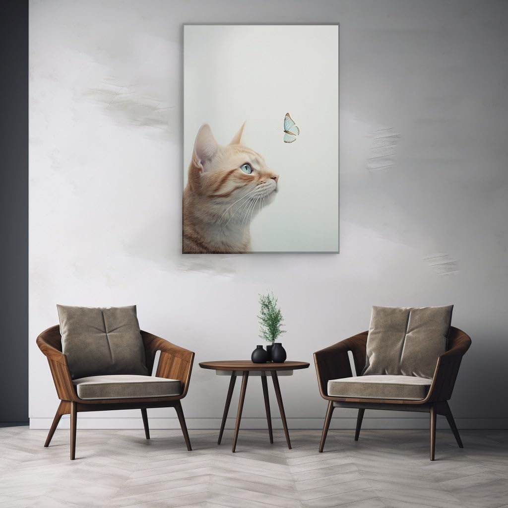 Canvas for Living room. Whiskered Whimsy: A Kitten's Enchanted Gaze Meets a Butterfly's Dance, 27 x 18 inch Canvas Wall Art - Ready to Hang