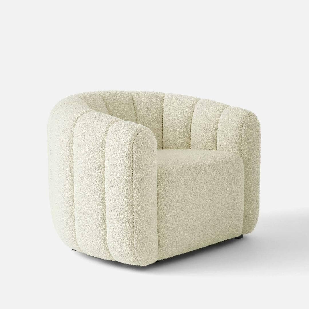 Modern Bouclé Accent Armchair 1 Seater Sofa | Upholstered High Back Lounge Chair with Rounded Arms for Living Room, Bedroom & Office (White)