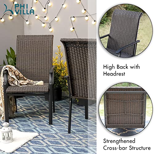 Phi Villa Outdoor Rattan Dining Chairs Set Of 2, Extra Large High Back Wicker Armchairs With Steel Frame, For Patio, Deck, Yard, Porch (Brown) #TOP1