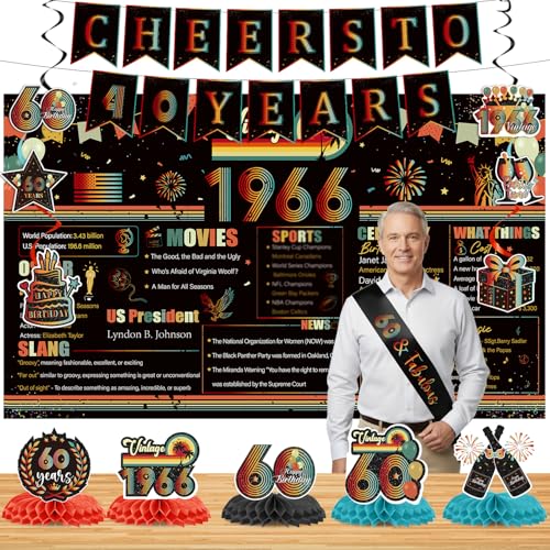 Lovarywow 60th Birthday Decorations for Men Women - 14PCS Vintage 1966 Birthday Banners Hanging Swirls Honeycomb Centerpieces Backdrop Sash Party Decor, Happy 60 Sixty Years Old Bday Supplies