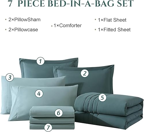 Miniatura 7 de Monbix Juego de edredón de 7 piezas, juego de cama esponjoso para todas las estaciones, cama en una bolsa con sábanas (verde oscuro, 90 x 90