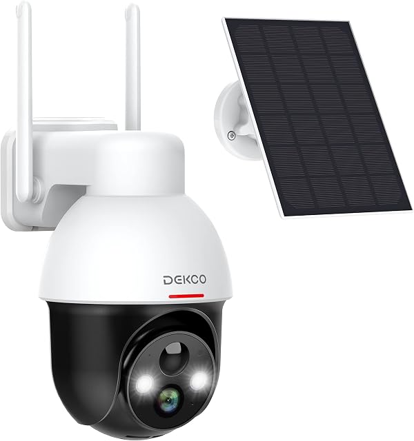 DEKCO 2K Solar Security Camera Wireless Outdoor, Battery Powered 2.4G WiFi 360° View Pan Tilt Strobe Light/ Spotlight Home System with Motion Detection and Siren, Two-Way Audio, IP65 (2K-B)