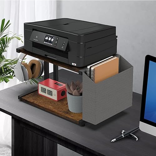 Miniatura 6 de VEDECASA Soporte para impresora debajo del escritorio de madera rústica de 2 niveles con bolsa de almacenamiento para impresora de escritorio para