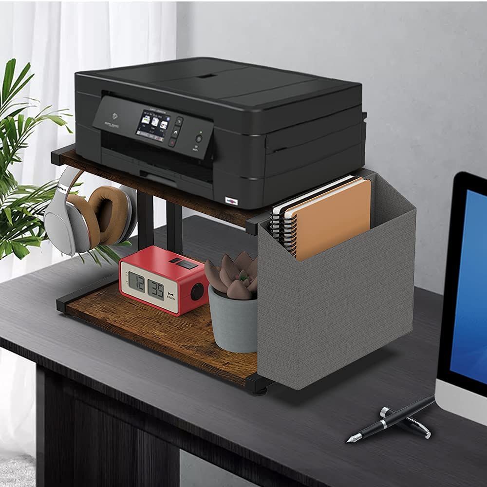 VEDECASA 2 Tier Rustic Brown Wooden Under Desk Printer Stand with