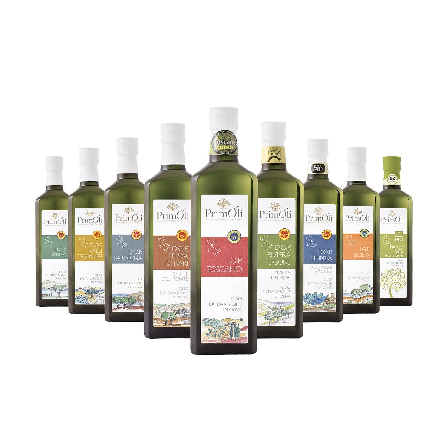 Olio extra vergine d'oliva IGP Toscano PrimOli prodotto e imbottigliato in Toscana, fruttato pieno e persistente, ideale usato a crudo su zuppe rustiche, selvaggina e bruschette, 3x500 ml