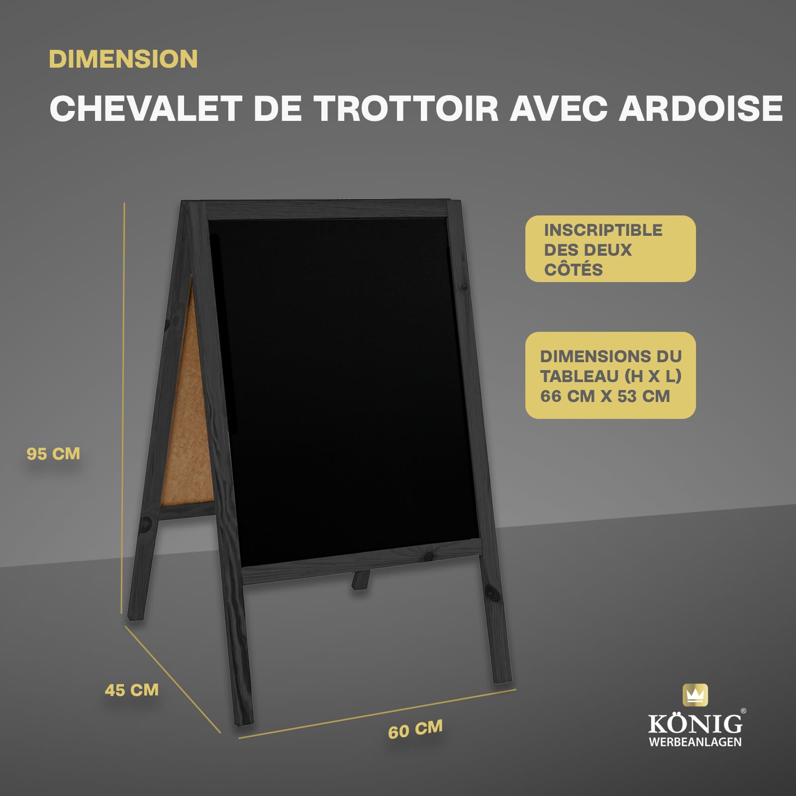 König Werbeanlagen Chevalet de trottoir avec ardoise 95x60cm, Cadre en bois, noir – Stop-trottoir pliable pour commerces & restauration