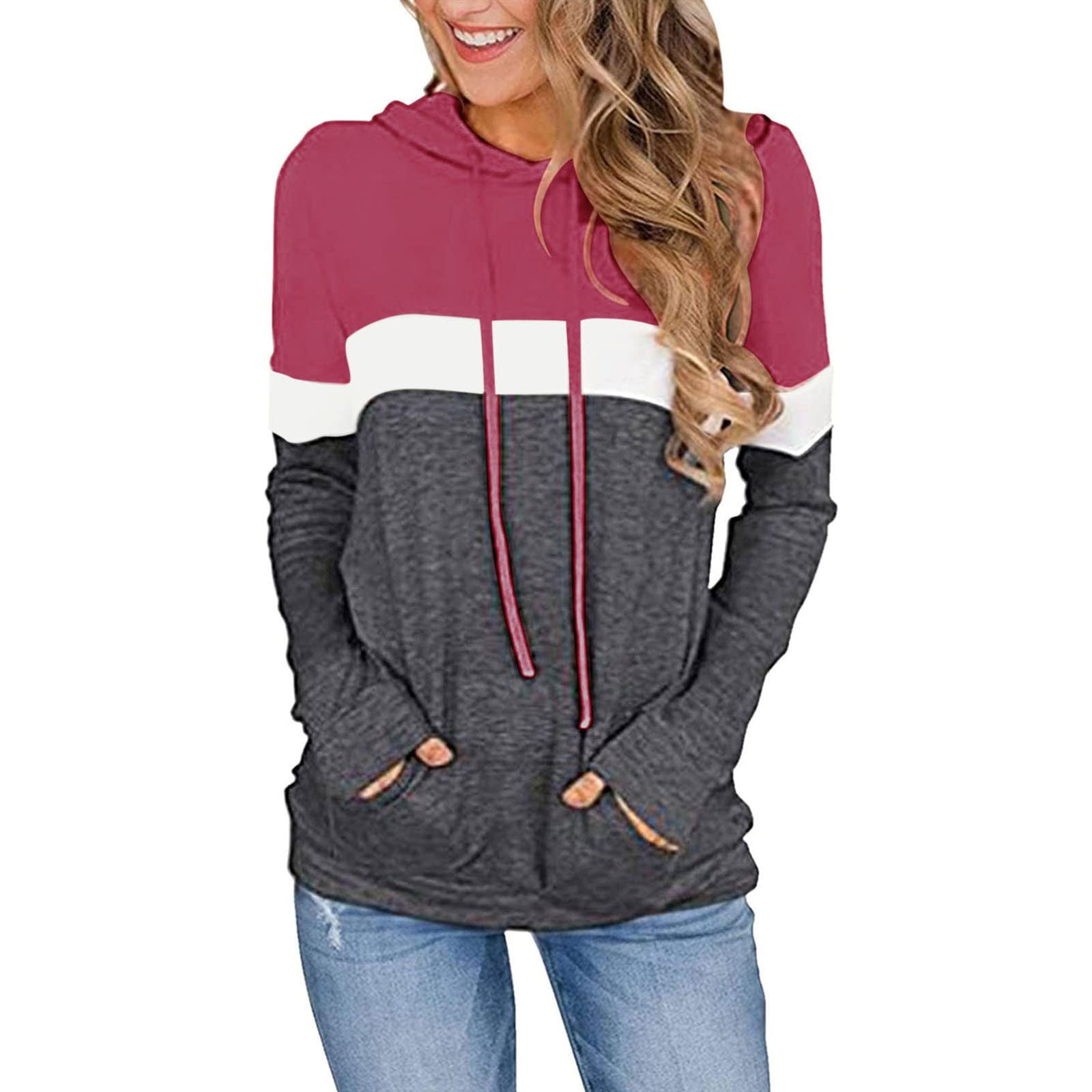 Women's Casual Hoodies Color Block Long Sleeve Drawstring Sweatshirts Contrast Tunic Tops Lightweight Fall Pullover