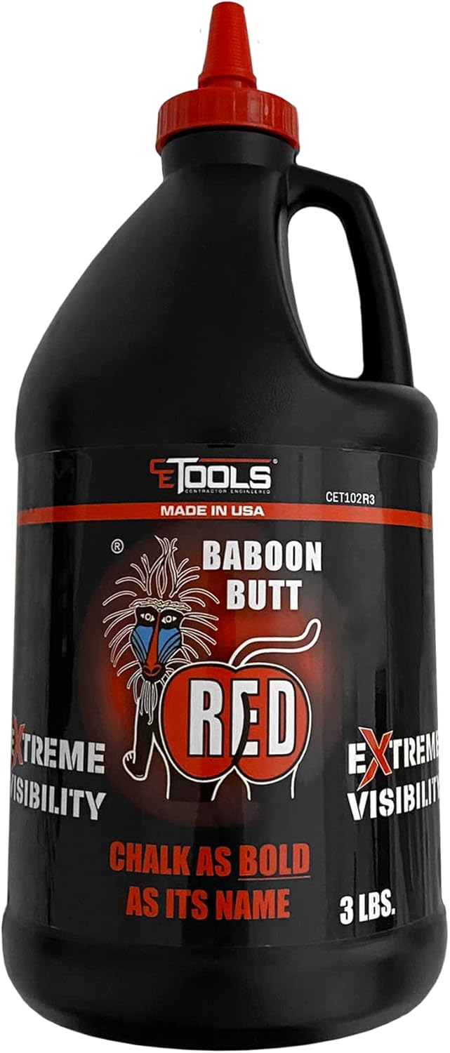 CE TOOLS 3LB Baboon Butt Red® EXTREME VISIBILITY Marking Chalk-Made in USA Red, For Chalkline, Job site Chalk, Hydrophobic, Construction use.