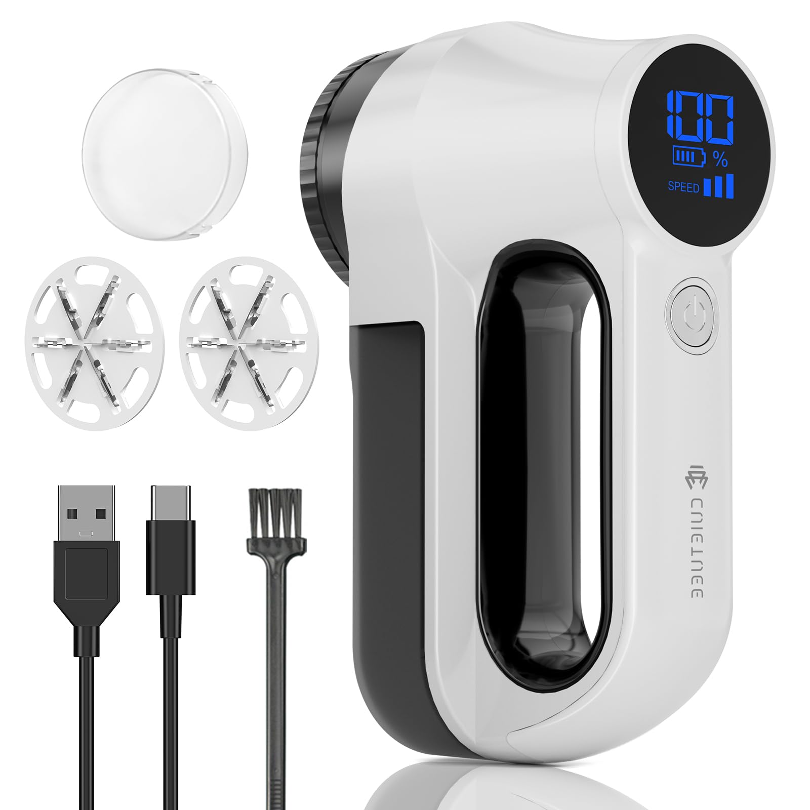 Rechargeable Fabric Shaver | 3-Speed Electric Lint Remover | 6 Blades High Eliminates Fuzz & Pilling | with LED Display & Type-C Fast Charging Port | Lint Shaver for Clothes & Furniture - White
