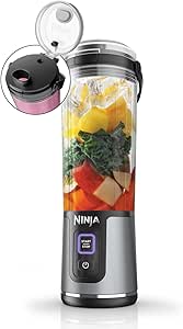 Ninja Blast Blender portable, 530 ml, couvercle résistant aux fuites et bec verseur, mini blender sans fil puissant, rechargeable, smoothies, shakes protéinés, mixe fruits et glaçons, noir, BC151EUBK