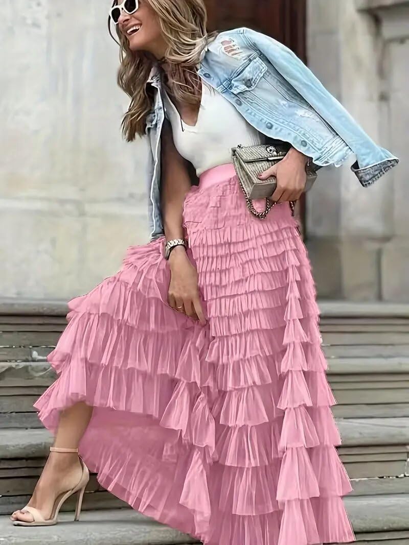 Womens One Size Skirt Mesh Layered Hem Fluffy Multilayer Tiered Puffy Ruffles Tulle (Midi Pink) - Image 3
