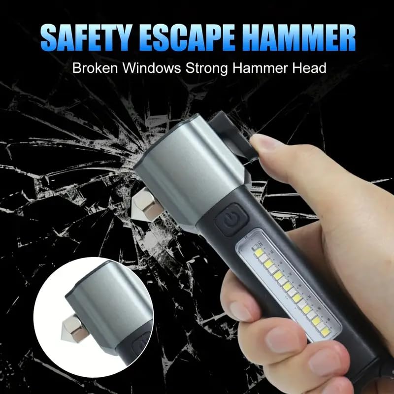 Image of FLYNGO 3 in 1 Multifunction LED Torch Light Rechargeable, Rescue Emergency Flashlight with Car Seat Belt Cutter & Glass Breaker, Bright Zoomable Torch Light for Trekking, Camping (Black)