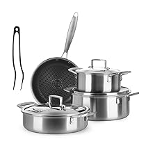 KASANOVA Batteria pentole Tri-ply, Set pentole e padelle in acciaio inox triplo strato, Pentole antiaderenti induzione e tutti i piani cottura, forno fino a 220 °C (8 pezzi)