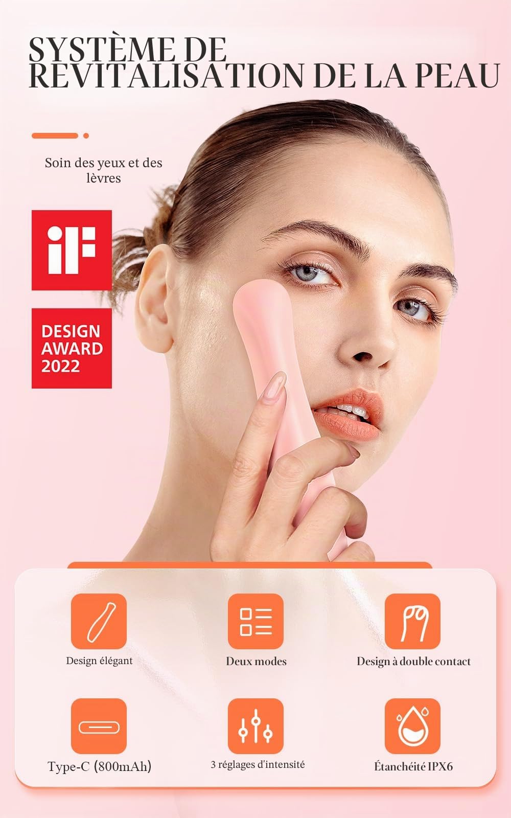 TOUCHBeauty Appareil Massage des Yeux Anti-âge, Masseur Oculaire Anti Rides avec EMS Micro Courant 42℃ Dispositif de Soins Oculaires Chauffant pour les Rides, les Poches et les Cernes AG-1883P(Rose)