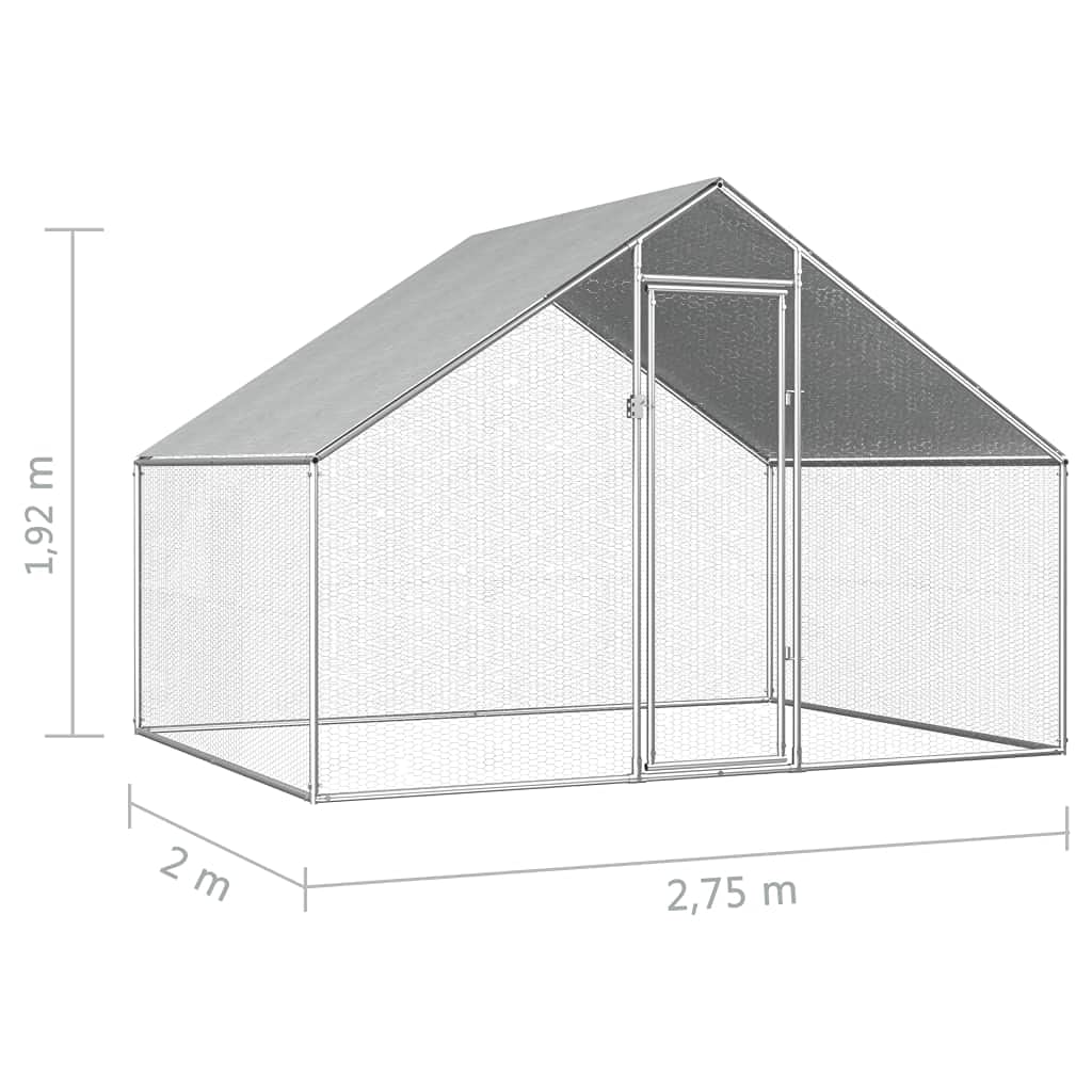 Outdoorowa klatka dla kur, kurnik z wodoodpornym dachem, domek dla kur, wybieg, woliera, kurnik dla małych zwierząt, 2,75 x 2 x 1,92 m, stal ocynkowana