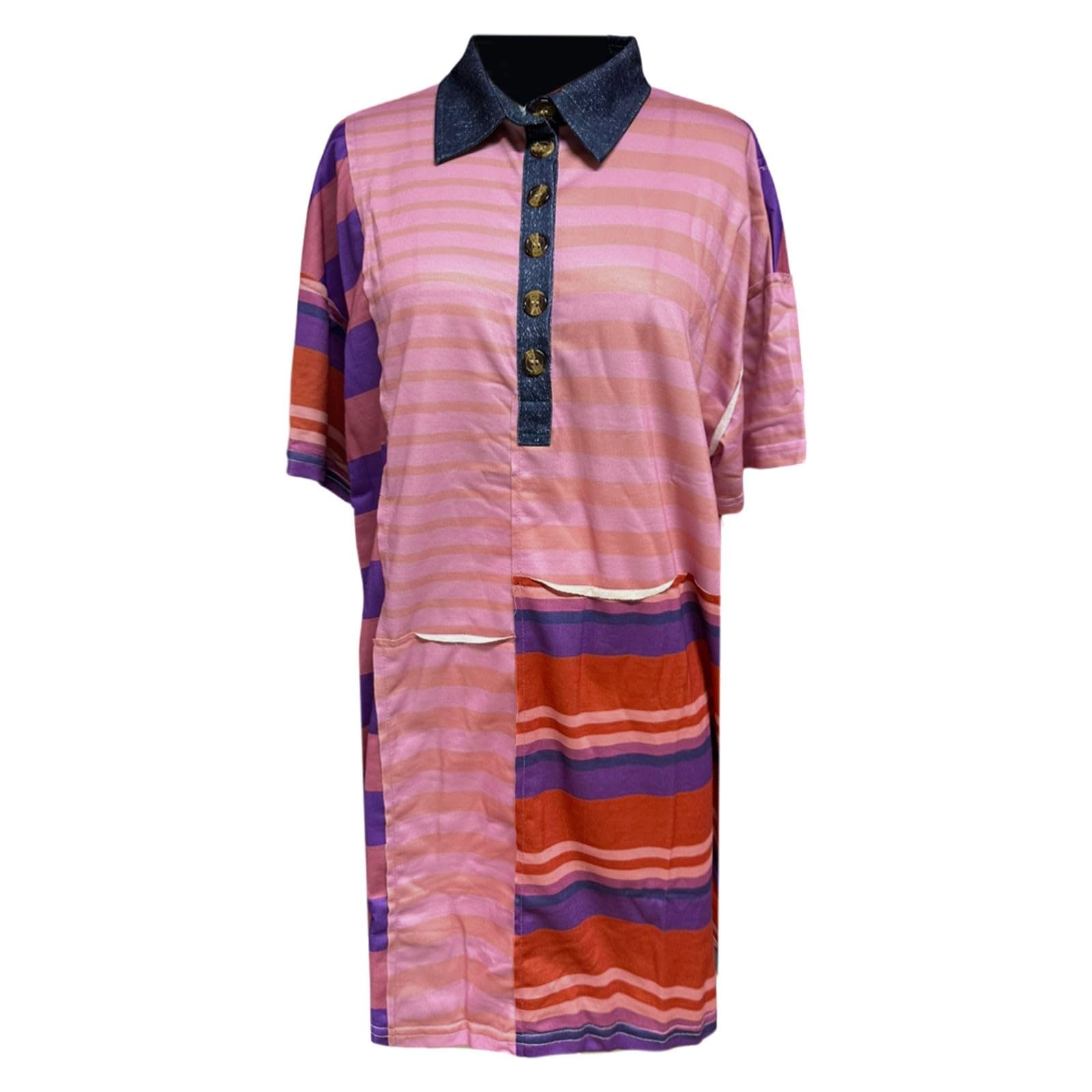 Vestido de verano a rayas de contraste para mujer, mini camiseta con cuello en V y manga corta