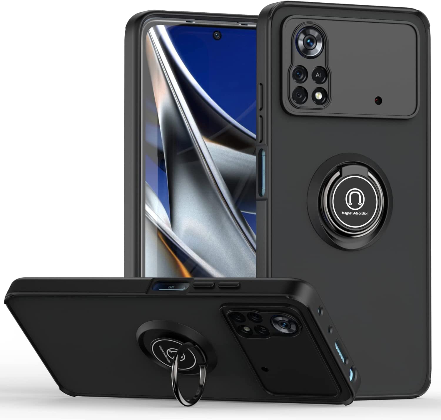 Muzz Xiaomi Poco M4 Pro 4G Case With Ring Holder Kickstand Matte Back Soft Bumper Hybrid Protective Cover For Xiaomi Poco M4 Pro 4G (Black)