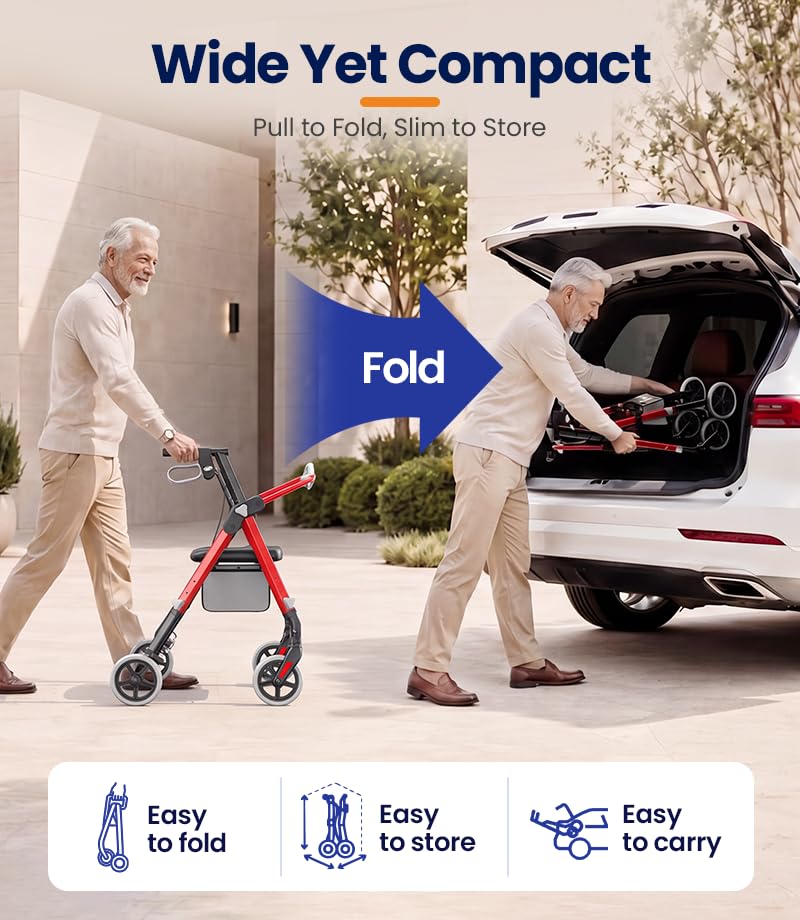 Image of VOCIC Z11 Rollator Walkers for Seniors with Seat, 500 LBS Load, Ultra Wide | High-capacity support, 23 inch wide frame, ergonomic seat, dual brakes, and slim fold for home, shopping & daily walks, Red