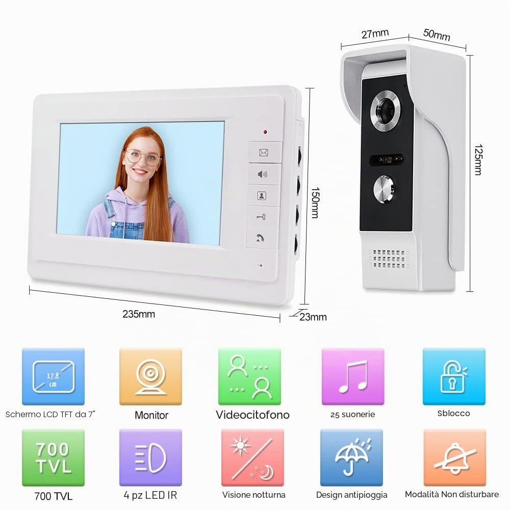 7'' TFT LCD Colori Videocitofono Campanello System 2 Monitors Doorbell + 700TVL Telecamera per Esterni IR Visione Notturna per Casa
