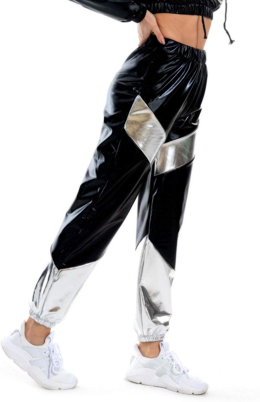 SIAEAMRG High Waisted Cargo Pants for Women, Shiny Metallic Wet Look Stretchy Jogger Pants Holographic Sweatpant Hip Hop Club Wear (Balck/Silver, XL)