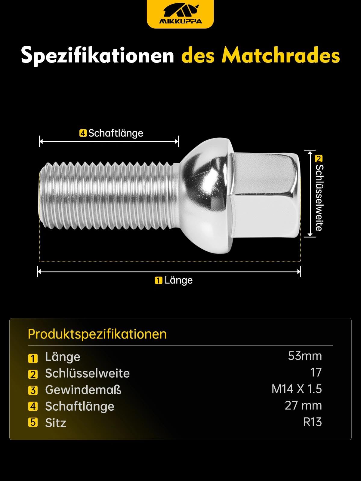 20 śrub do kół bolce koła M14 x 1,5 długość trzpienia: 27 pęk kulowy R13 rozmiar klucza 17 mm chrom srebrny