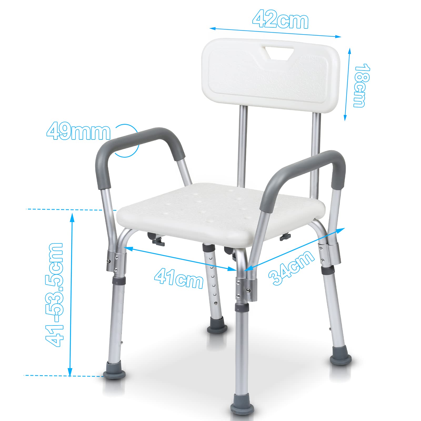 Prostokątny taboret prysznicowy, taboret łazienkowy, pomoc pod prysznic z podłokietnikami i oparciem, taboret kąpielowy, krzesło prysznicowe, krzesło prysznicowe, z regulacją wysokości,
