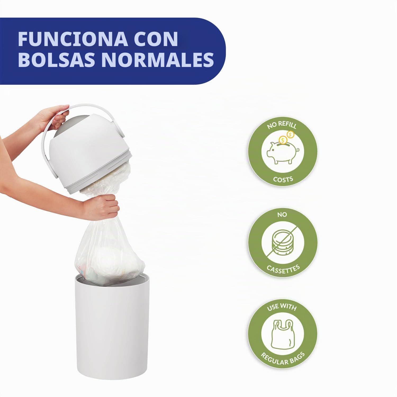 Chicco Contenedor para Pañales con Control de Olores, Sistema de Deshecho de Pañales, Papelera Compacta, Ahorra Espacio, con Tapa, Fácil de Usar y Limpiar, Funciona con Bolsas de Plástico, Blanco