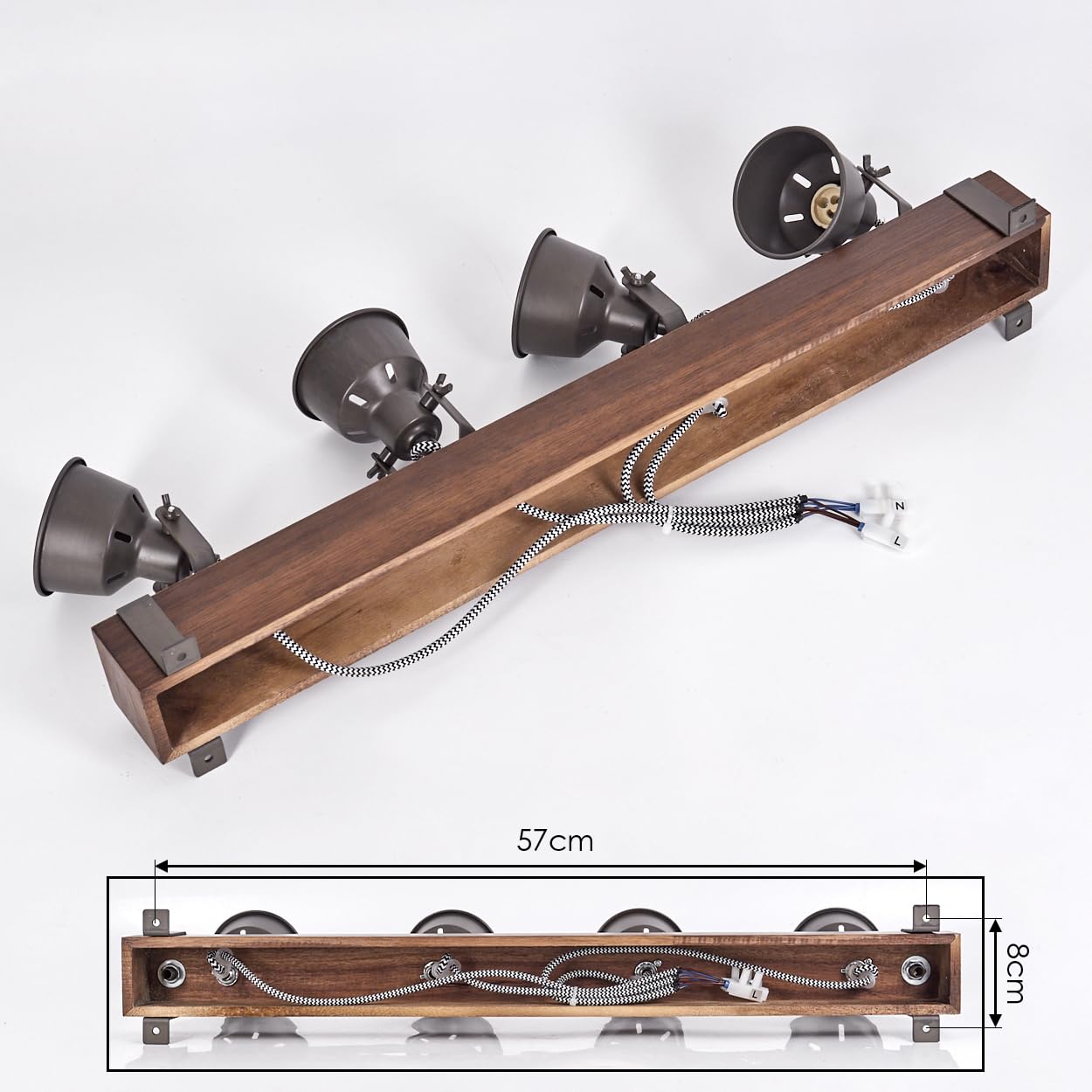 HOFSTEIN Deckenleuchte Pehefito, 4-flammige Deckenlampe aus Metall/Holz in Grau/Dunkelbraun, verstellbare Leuchte im Industrial/Retro/Vintage-Design mit Holzbalken, GU10, Esszimmer, Wohnzimmer, Küche
