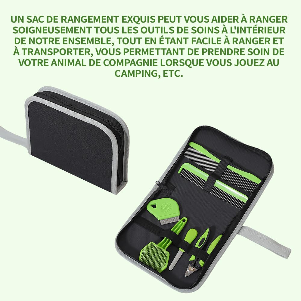 Kit Toilettage 6 en 1 Chat Chien - Brosses Démêlantes Poils Longs et Courts - Coupe-Griffes & Lime Acier Inoxydable - Sac de Rangement Inclus