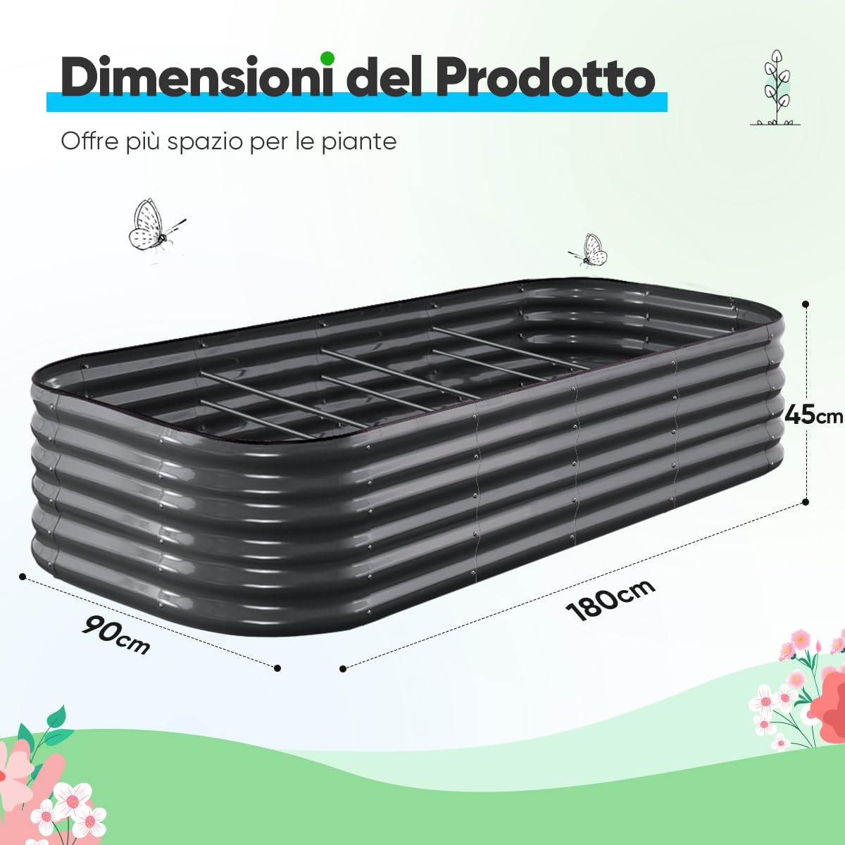 Quictent Kit di Orto RiAlzato Galvanizzato, Fioriera Ovalata in Metallo per Verdure all'Aperto e Giardino, 180x90x45cm
