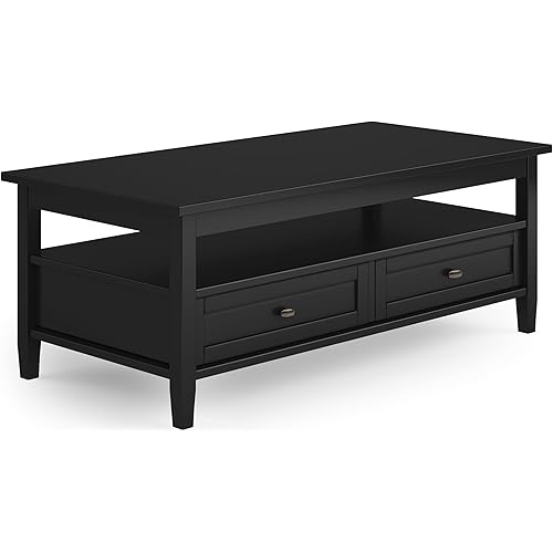 SIMPLIHOME Warm Shaker Coffee Table - 48 inch Wide Solid Wood Coffee Table in Black, Transitional Living Room Table with 2 Drawers, Open Shelf, Shaker Fronts and Tapered Legs