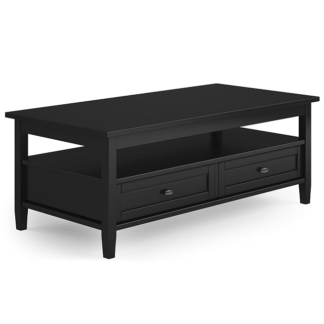 SIMPLIHOME Warm Shaker Coffee Table - 48 inch Wide Solid Wood Coffee Table in Black Transitional Living Room