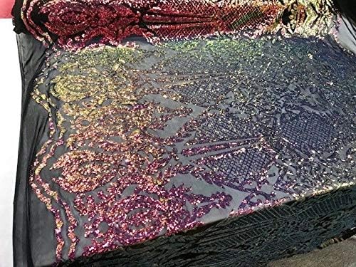 Black Iridescent Sequins on a 4 Way Stretch Nude Mesh Fabric Sold by The Yard.