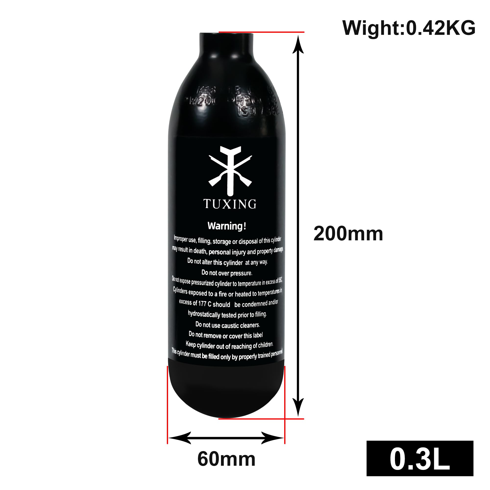 TUXING Tanque de paintball PCP de 3000 psi, 0,3 L, 3000 psi, cilindro de aluminio aprobado por la CE, capacidad de 18 Ci para pistolas de aire Paintball o PCP (botella vacía) M18 x 1,5