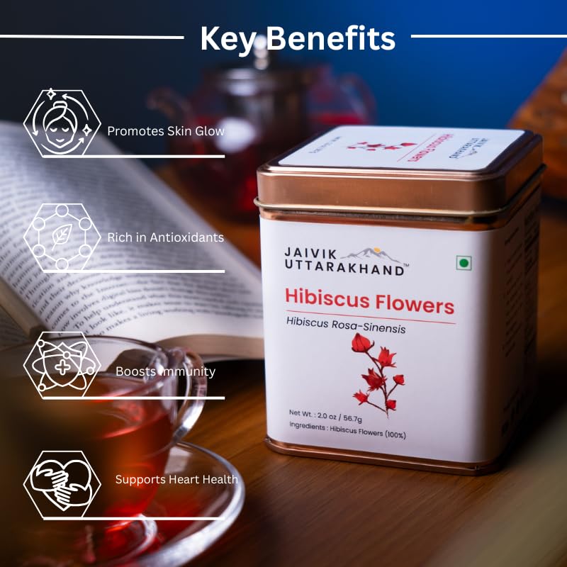 Image of Jaivik Uttarakhand - Hibiscus Tea (113.4 g), Decaffeinated Herbal Relief, Used for Hot or Iced, Tangy Flavor, Herbal Tisane, Pack of 2 Tin Box