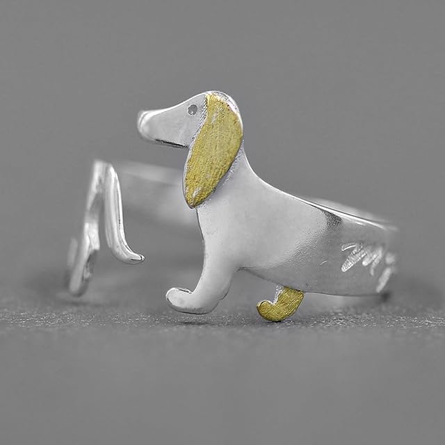 BOUDDA 925 Sterling Silver Cute Dachshund Dog Adjustable Rings for Women Original Fashion Jewelry Trend Female Gift-Silver