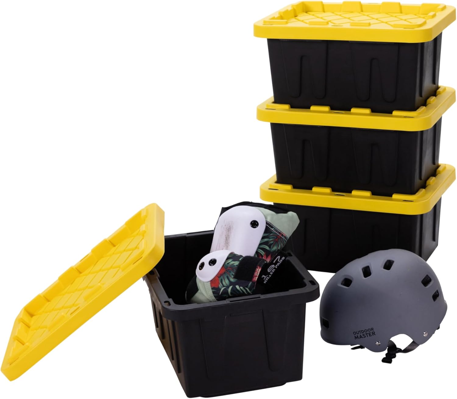 Plastic 5-Gallon Storage Tote with Lockable Lid, Stackable Tough Regular-Duty Bin for Garage, Tools, and Home Organization (4-Pack) - Black and Yellow