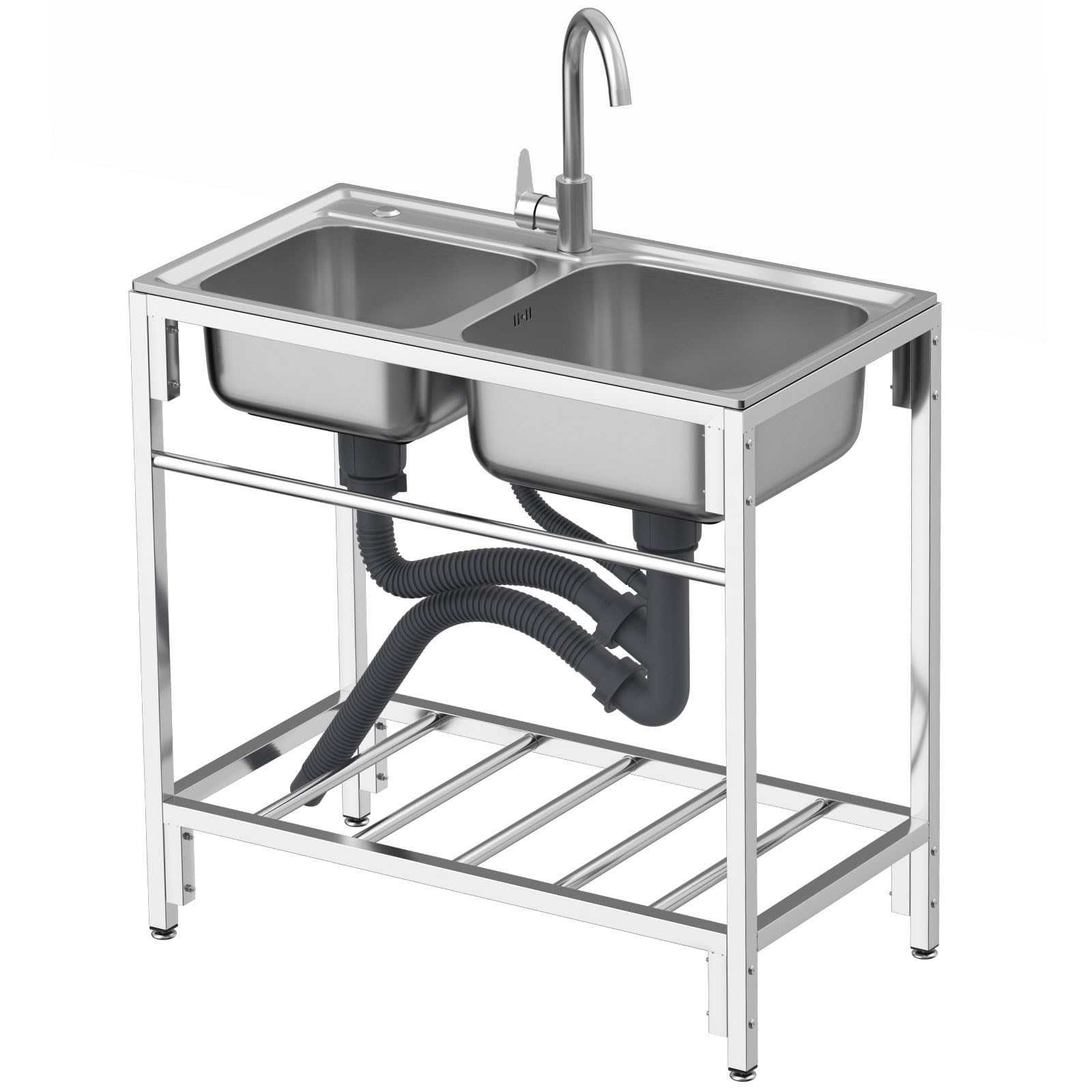 TAXXII Outdoor Sink,Freestanding Stainless Steel Sink, Double Bowl, Freestanding Commercial Restaurant Sink Anti-Overflow with Tap & Shelves