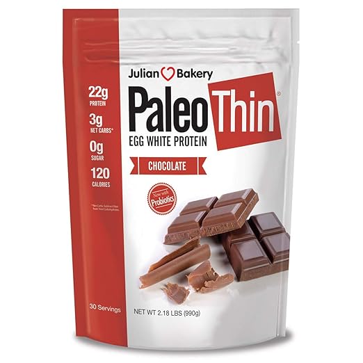 Julian Bakery Paleo Thin Protein Powder | Chocolate | Egg White | Soy Free | 22g Egg White Protein | 3 Net Carbs | 2.18 LBS | 30 Servings